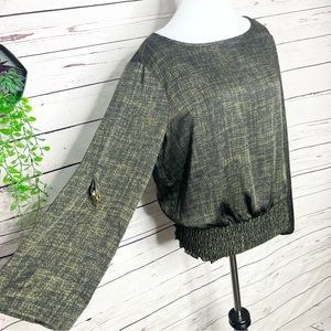 Michael Kors Green & Black Long Sleeve Elastic Waist Blouse Top Size Small